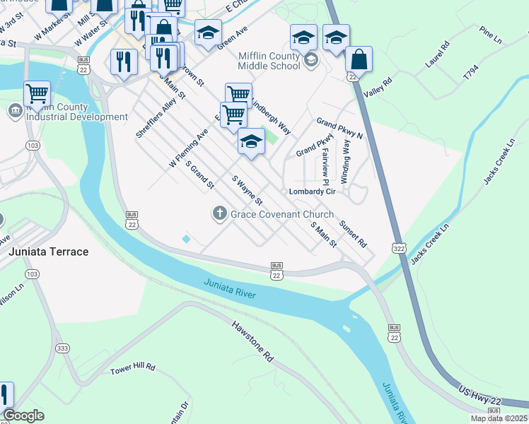 map of restaurants, bars, coffee shops, grocery stores, and more near 712 South Wayne Street in Lewistown