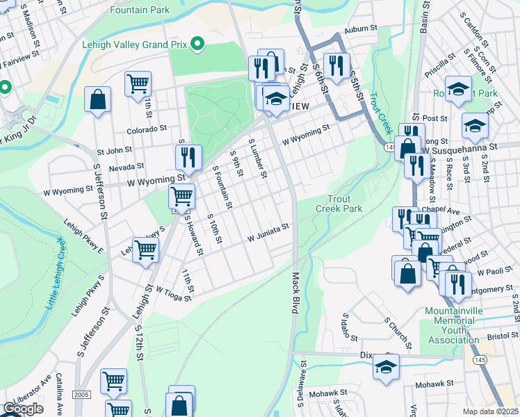 map of restaurants, bars, coffee shops, grocery stores, and more near 1231 South 9th Street in Allentown