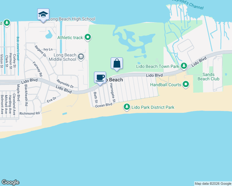 map of restaurants, bars, coffee shops, grocery stores, and more near 25 Harrogate Street in Lido Beach