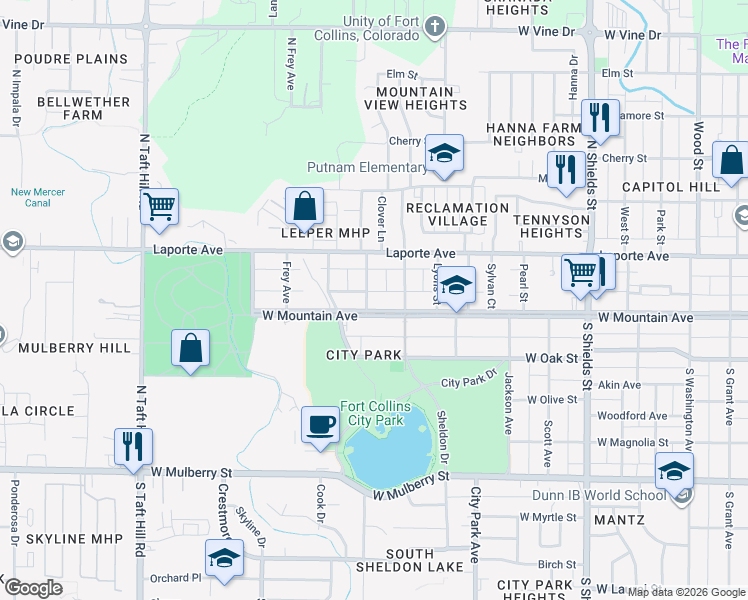 map of restaurants, bars, coffee shops, grocery stores, and more near 1531 West Mountain Avenue in Fort Collins
