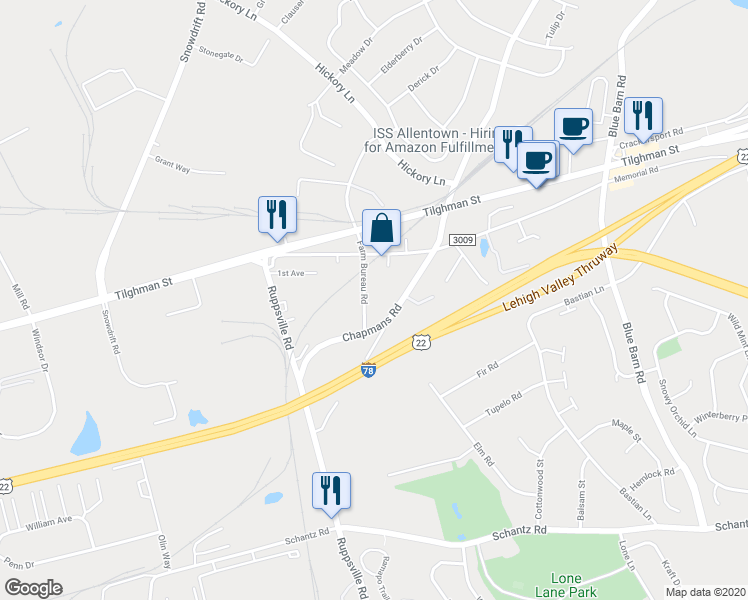 map of restaurants, bars, coffee shops, grocery stores, and more near 6370A Farm Bureau Road in Allentown