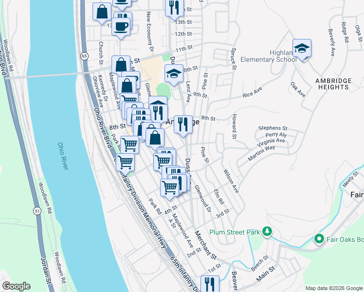 map of restaurants, bars, coffee shops, grocery stores, and more near 601 Olive Lane in Ambridge