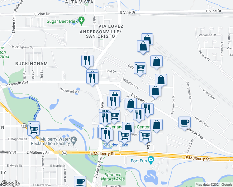 map of restaurants, bars, coffee shops, grocery stores, and more near 131-141 12th Street in Fort Collins