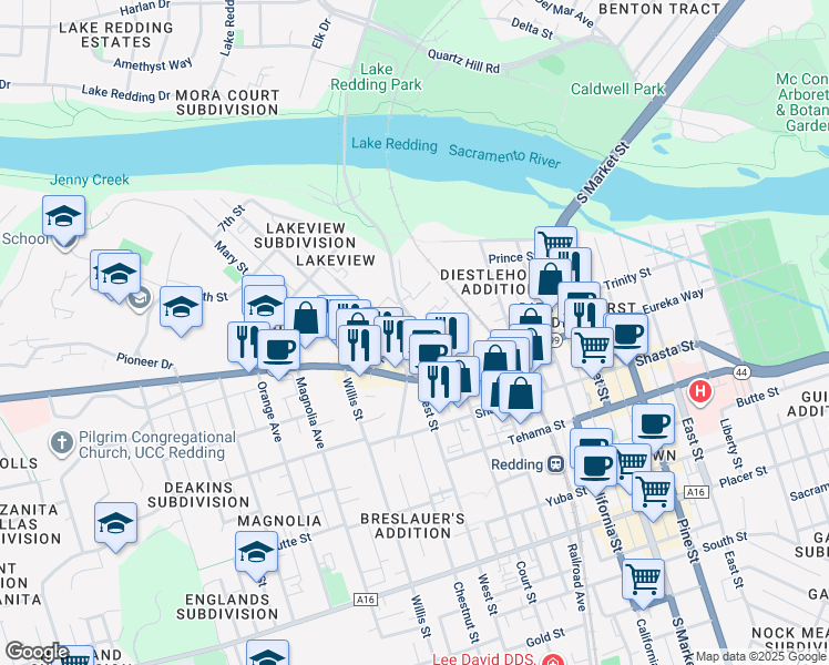 map of restaurants, bars, coffee shops, grocery stores, and more near 1132 North Court Street in Redding