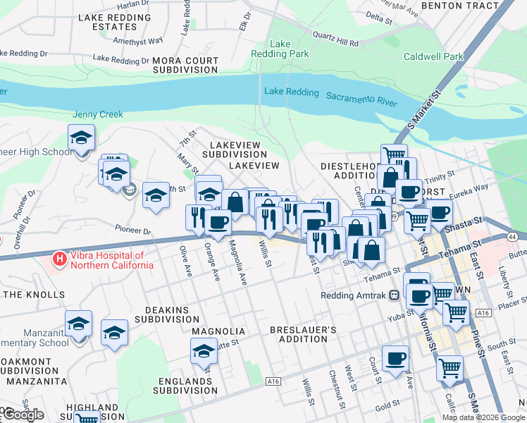 map of restaurants, bars, coffee shops, grocery stores, and more near 2110 Eureka Way in Redding