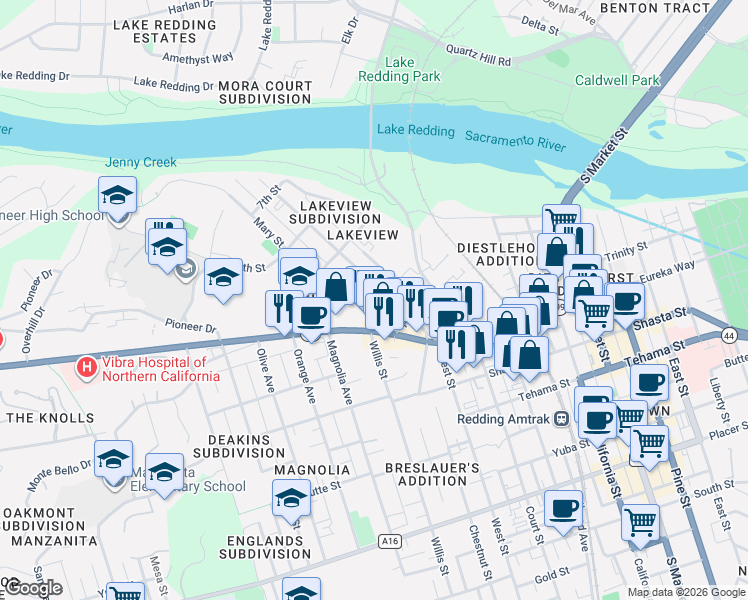 map of restaurants, bars, coffee shops, grocery stores, and more near 2110 Eureka Way in Redding
