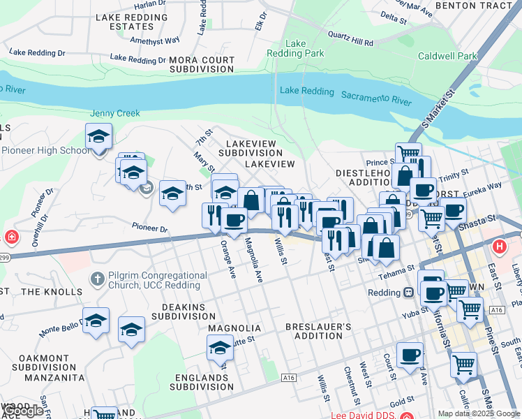 map of restaurants, bars, coffee shops, grocery stores, and more near 2132 Eureka Way in Redding