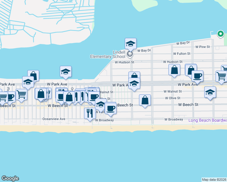 map of restaurants, bars, coffee shops, grocery stores, and more near 255 Grand Boulevard in Long Beach