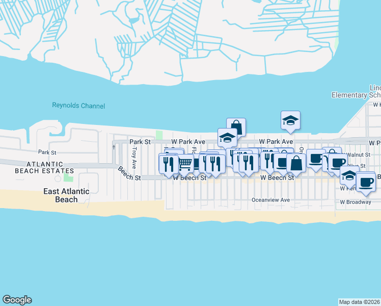 map of restaurants, bars, coffee shops, grocery stores, and more near 75 Connecticut Avenue in Long Beach