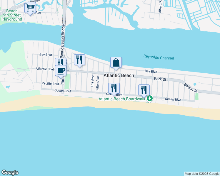 map of restaurants, bars, coffee shops, grocery stores, and more near 30 Genesee Boulevard in Atlantic Beach