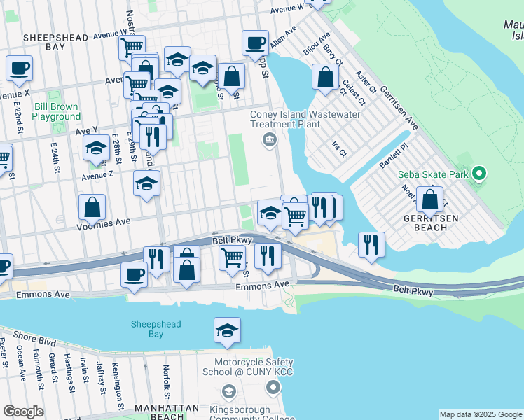 map of restaurants, bars, coffee shops, grocery stores, and more near 3845 Shore Parkway in Brooklyn