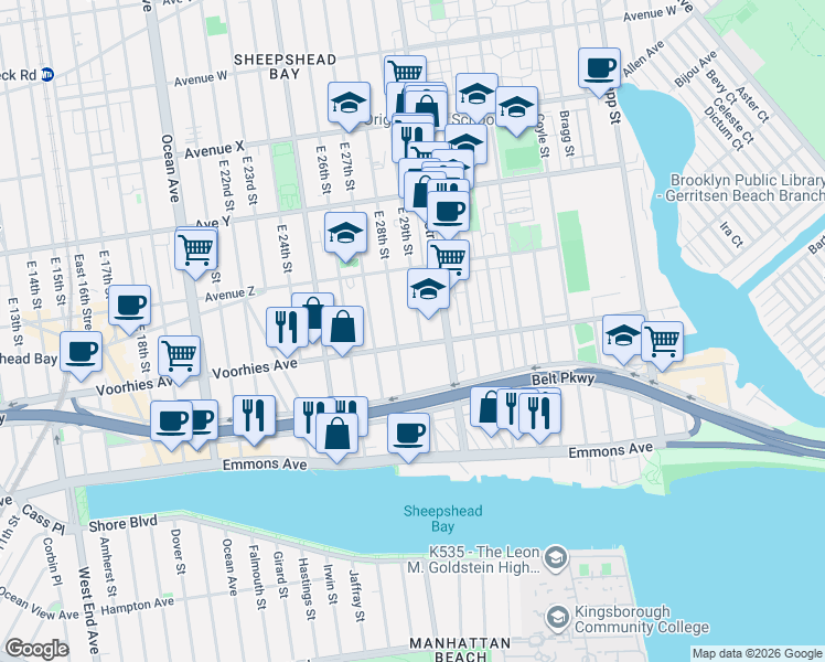map of restaurants, bars, coffee shops, grocery stores, and more near 2703 East 28th Street in Brooklyn