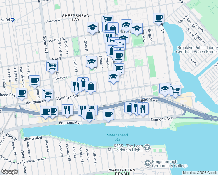 map of restaurants, bars, coffee shops, grocery stores, and more near 2703 East 28th Street in Brooklyn
