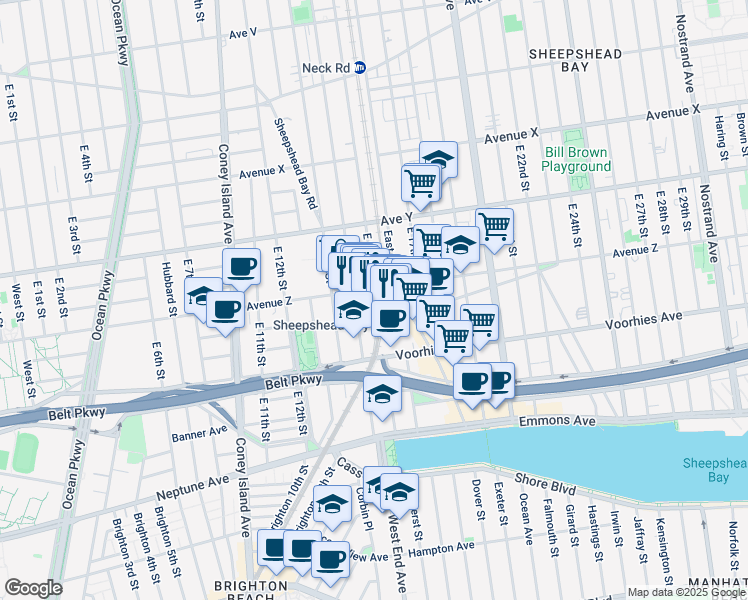 map of restaurants, bars, coffee shops, grocery stores, and more near 1420 Sheepshead Bay Road in Brooklyn