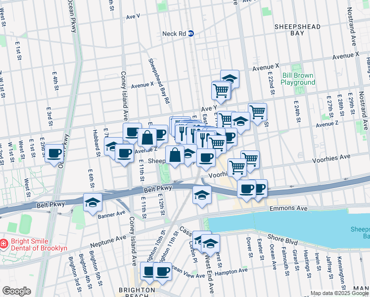 map of restaurants, bars, coffee shops, grocery stores, and more near 2630 East 13th Street in Brooklyn