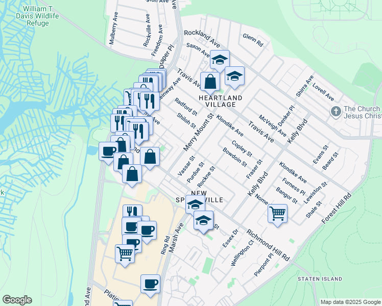 map of restaurants, bars, coffee shops, grocery stores, and more near 148 Vassar Street in Staten Island
