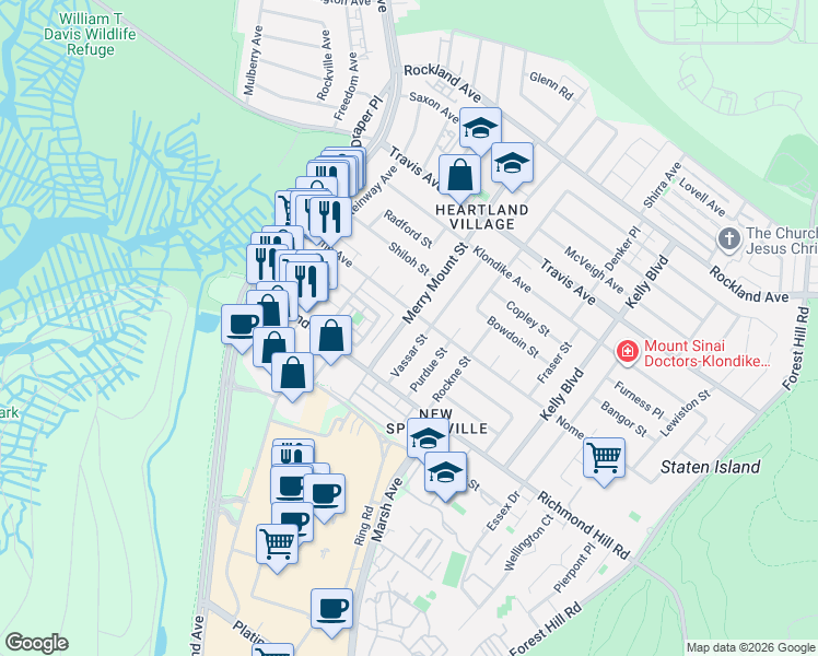 map of restaurants, bars, coffee shops, grocery stores, and more near 148 Vassar Street in Staten Island