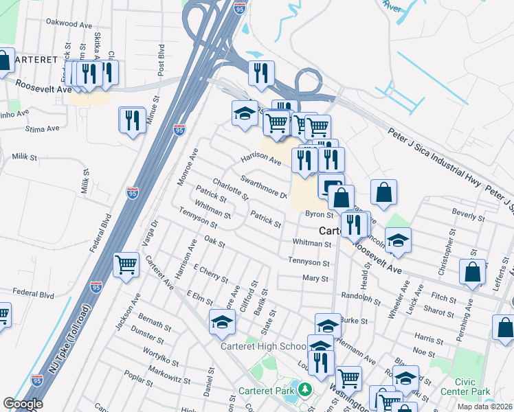 map of restaurants, bars, coffee shops, grocery stores, and more near 5 Sunset Court in Carteret