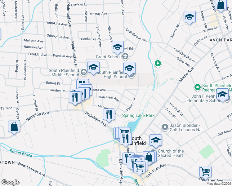 map of restaurants, bars, coffee shops, grocery stores, and more near 254 Van Fleet Avenue in South Plainfield