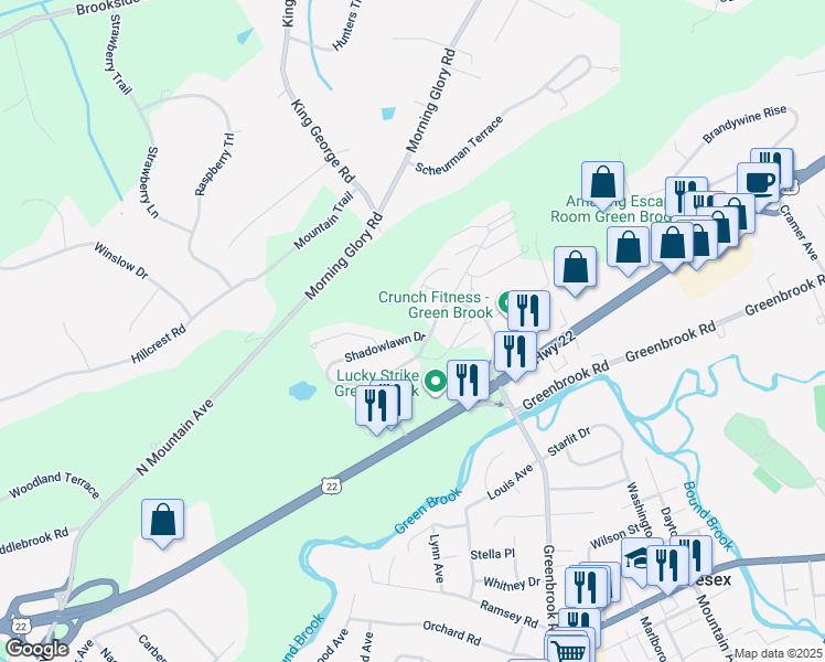 map of restaurants, bars, coffee shops, grocery stores, and more near 1005 Shadowlawn Drive in Green Brook Township