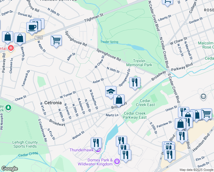 map of restaurants, bars, coffee shops, grocery stores, and more near 169 Spring Wood Drive in Allentown
