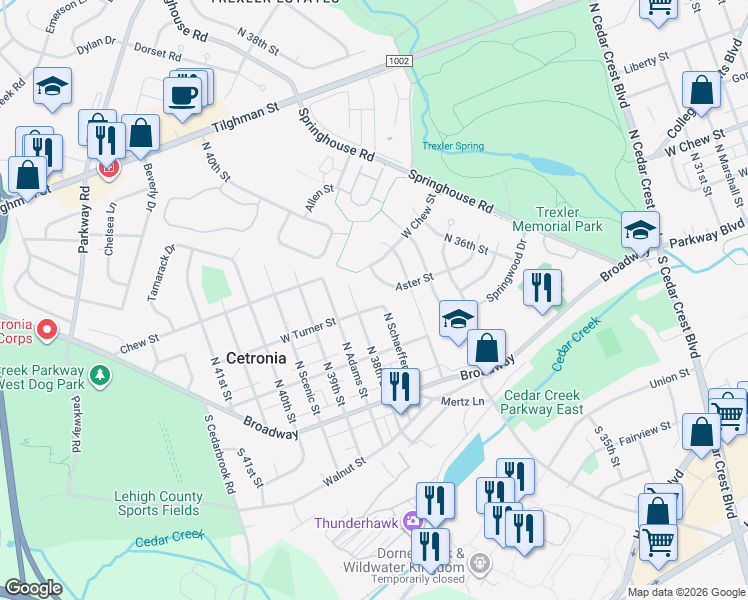 map of restaurants, bars, coffee shops, grocery stores, and more near 140 North Schaeffer Street in Allentown