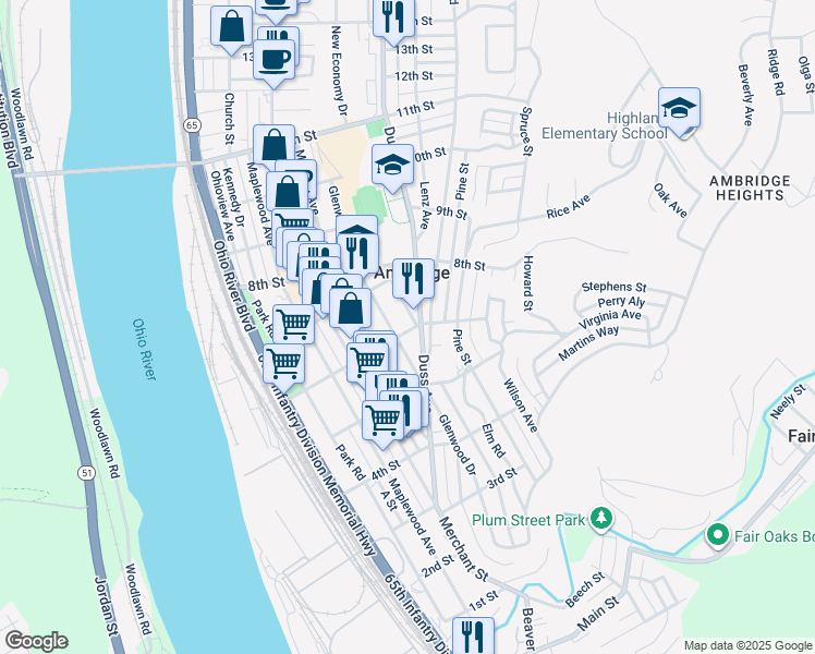 map of restaurants, bars, coffee shops, grocery stores, and more near 533 Beaver Road in Ambridge