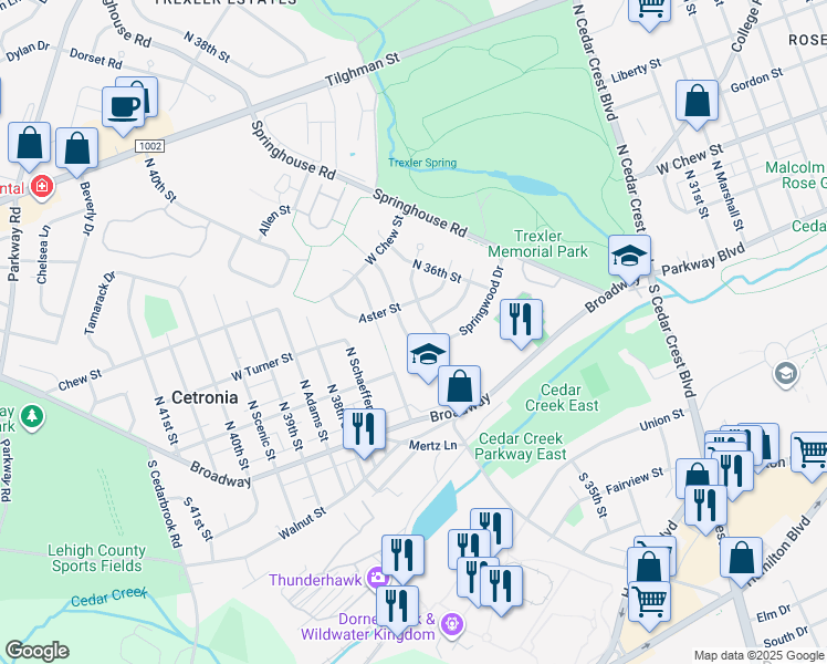 map of restaurants, bars, coffee shops, grocery stores, and more near 169 Spring Wood Drive in Allentown