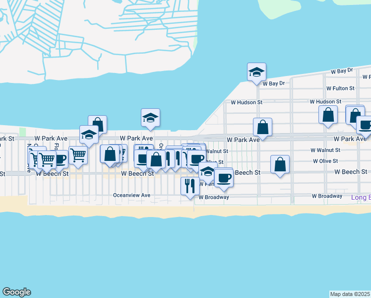 map of restaurants, bars, coffee shops, grocery stores, and more near 75 California Street in Long Beach