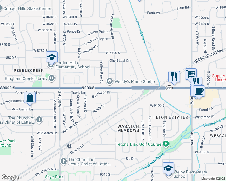 map of restaurants, bars, coffee shops, grocery stores, and more near 4454 Barrington Drive in West Jordan