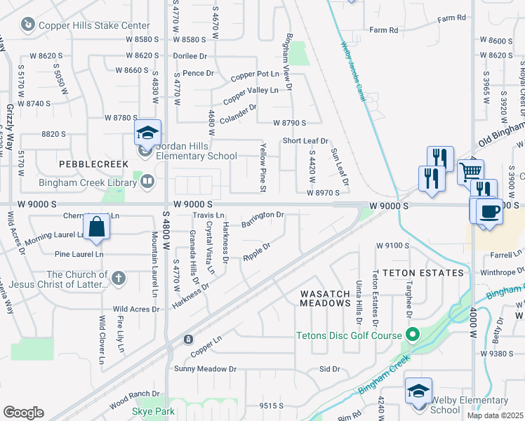 map of restaurants, bars, coffee shops, grocery stores, and more near 4524 Barrington Drive in West Jordan