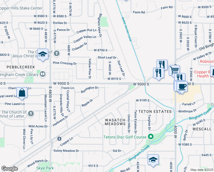 map of restaurants, bars, coffee shops, grocery stores, and more near 4422 Barrington Drive in West Jordan
