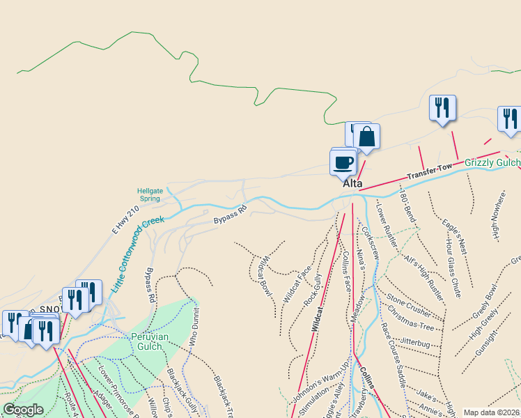 map of restaurants, bars, coffee shops, grocery stores, and more near 9927 Powder Run Road in Alta