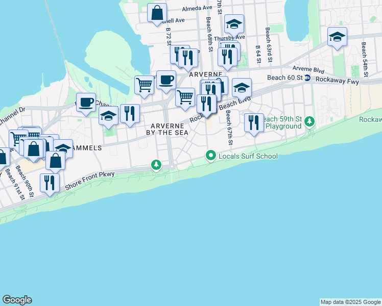 map of restaurants, bars, coffee shops, grocery stores, and more near 6912 Front Road in Queens