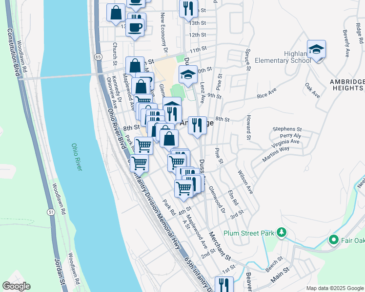 map of restaurants, bars, coffee shops, grocery stores, and more near 404 6th Street in Ambridge