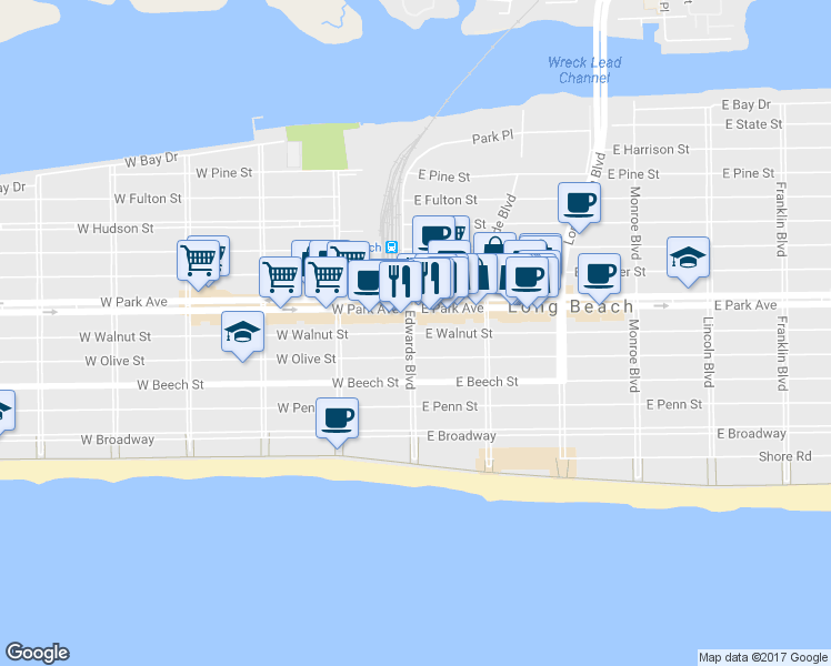 map of restaurants, bars, coffee shops, grocery stores, and more near E Walnut St & Edwards Blvd in Long Beach