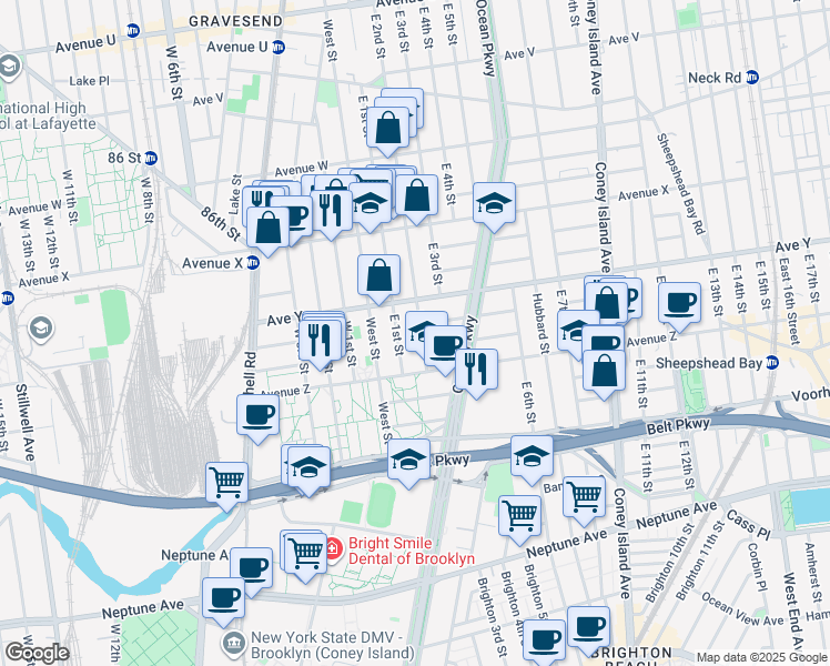 map of restaurants, bars, coffee shops, grocery stores, and more near 2538 East 2nd Street in Brooklyn