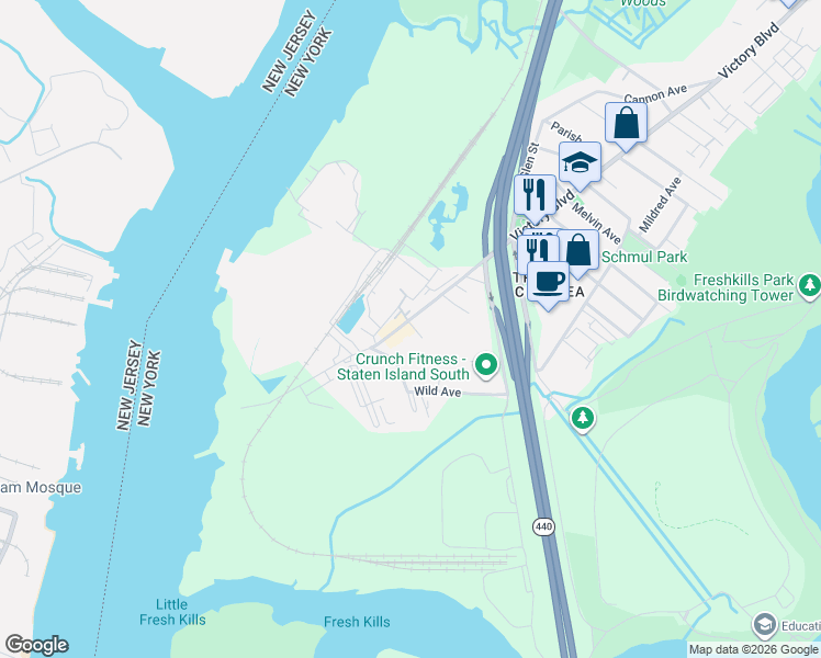 map of restaurants, bars, coffee shops, grocery stores, and more near 515 Wild Avenue in Staten Island