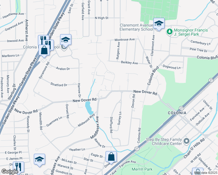 map of restaurants, bars, coffee shops, grocery stores, and more near 378 New Dover Road in Woodbridge Township
