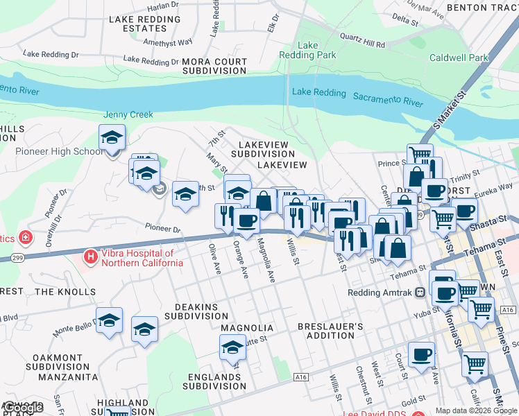 map of restaurants, bars, coffee shops, grocery stores, and more near 2132 Eureka Way in Redding