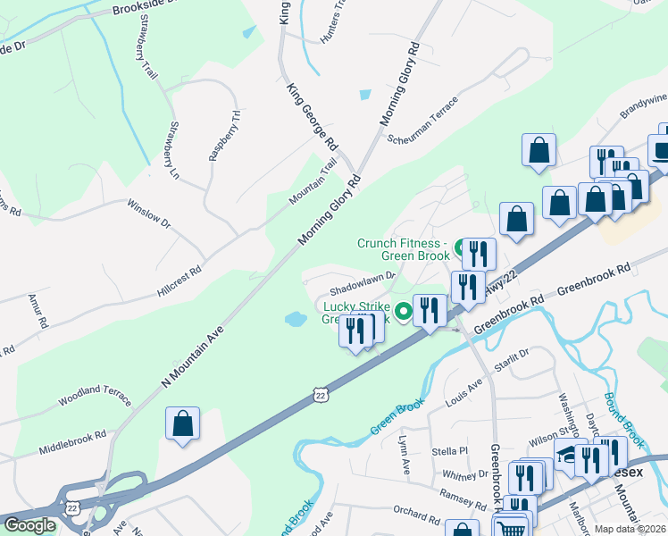 map of restaurants, bars, coffee shops, grocery stores, and more near 1032 Shadowlawn Drive in Green Brook Township