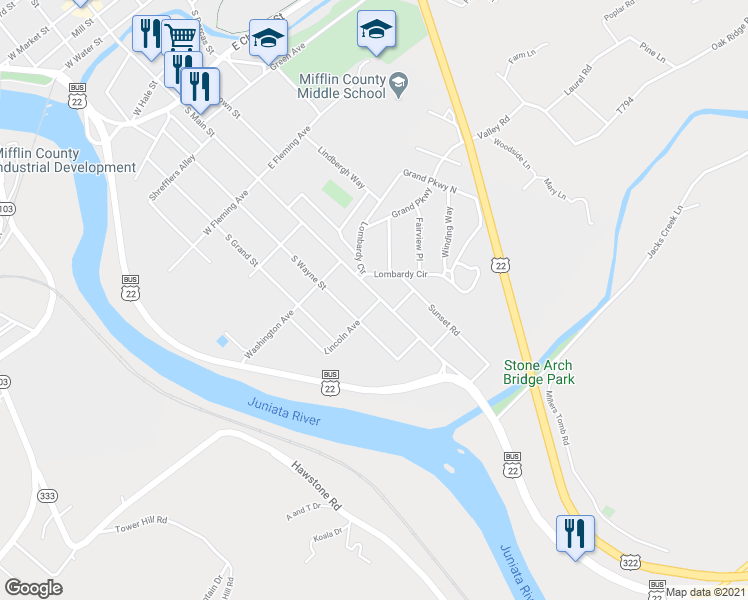 map of restaurants, bars, coffee shops, grocery stores, and more near 732 South Main Street in Lewistown