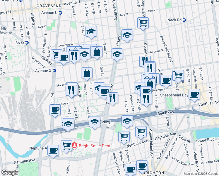 map of restaurants, bars, coffee shops, grocery stores, and more near 2580 Ocean Parkway in Brooklyn