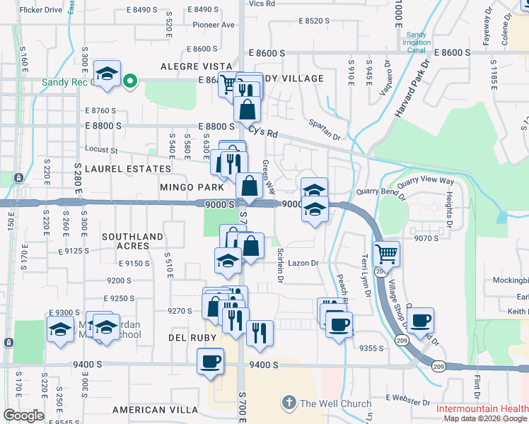map of restaurants, bars, coffee shops, grocery stores, and more near 9077 South 700 East in Sandy