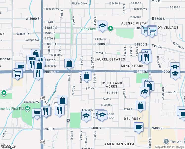 map of restaurants, bars, coffee shops, grocery stores, and more near 9064 South 300 East in Sandy