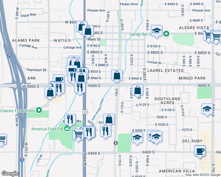 map of restaurants, bars, coffee shops, grocery stores, and more near 9120 S 150 E in Sandy