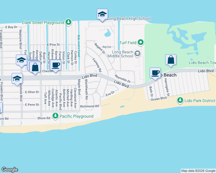 map of restaurants, bars, coffee shops, grocery stores, and more near 121 Eva Drive in Lido Beach
