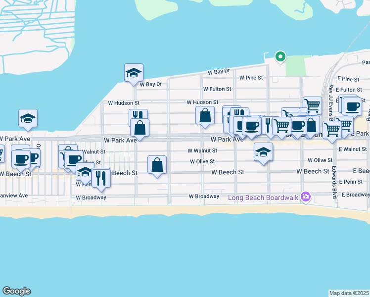map of restaurants, bars, coffee shops, grocery stores, and more near 443 West Olive Street in Long Beach