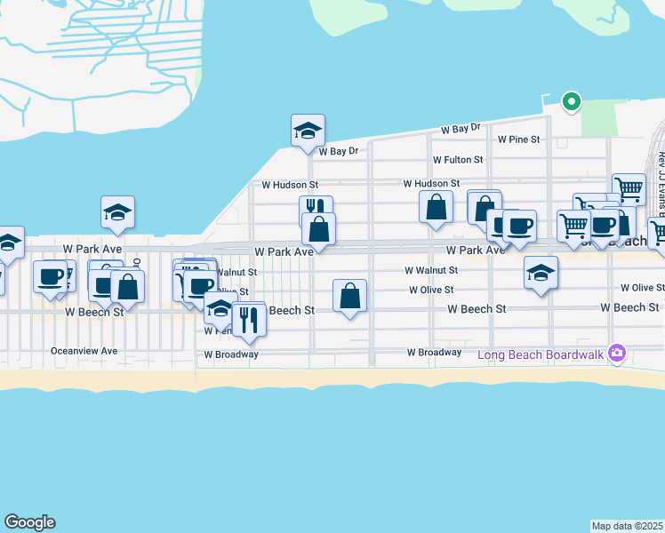 map of restaurants, bars, coffee shops, grocery stores, and more near 537 West Olive Street in Long Beach