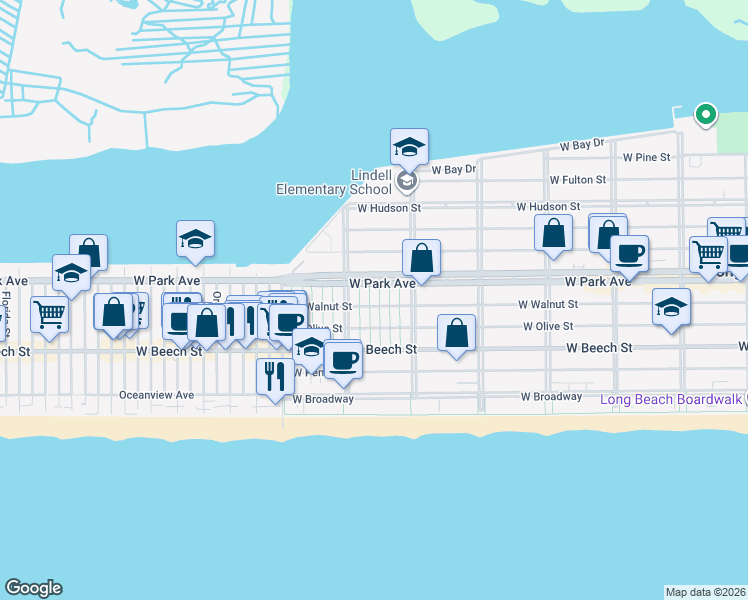 map of restaurants, bars, coffee shops, grocery stores, and more near 14 November Walk in Long Beach